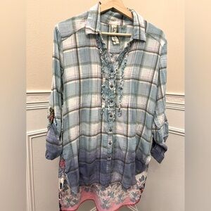 Aratta Silent Journey Plaid & Floral Boho Button Down Tunic Top | Size S